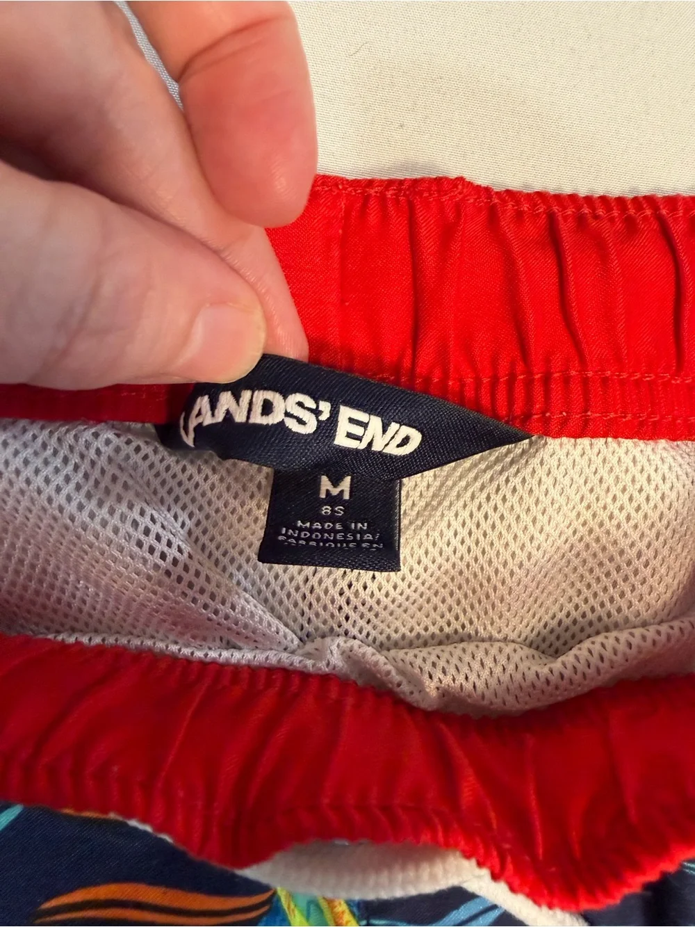 Lands' End Navy Swim Shorts with Red Waistband and Multicolor Shark Print
